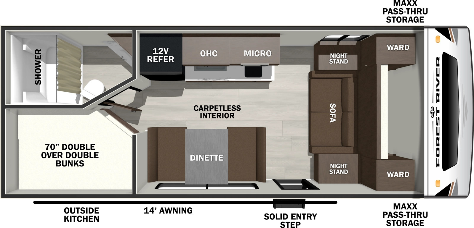 The Wildcat Travel Trailers 170DBEDS floorplan has one entry and zero slide outs. Exterior features include: fiberglass exterior and outside kitchen. Interiors features include: bunk beds and murphy bed.